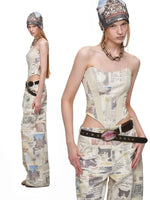 Cat Newspaper Print Canvas Pants