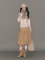 Side-Button Faux Suede Pleated Skirt