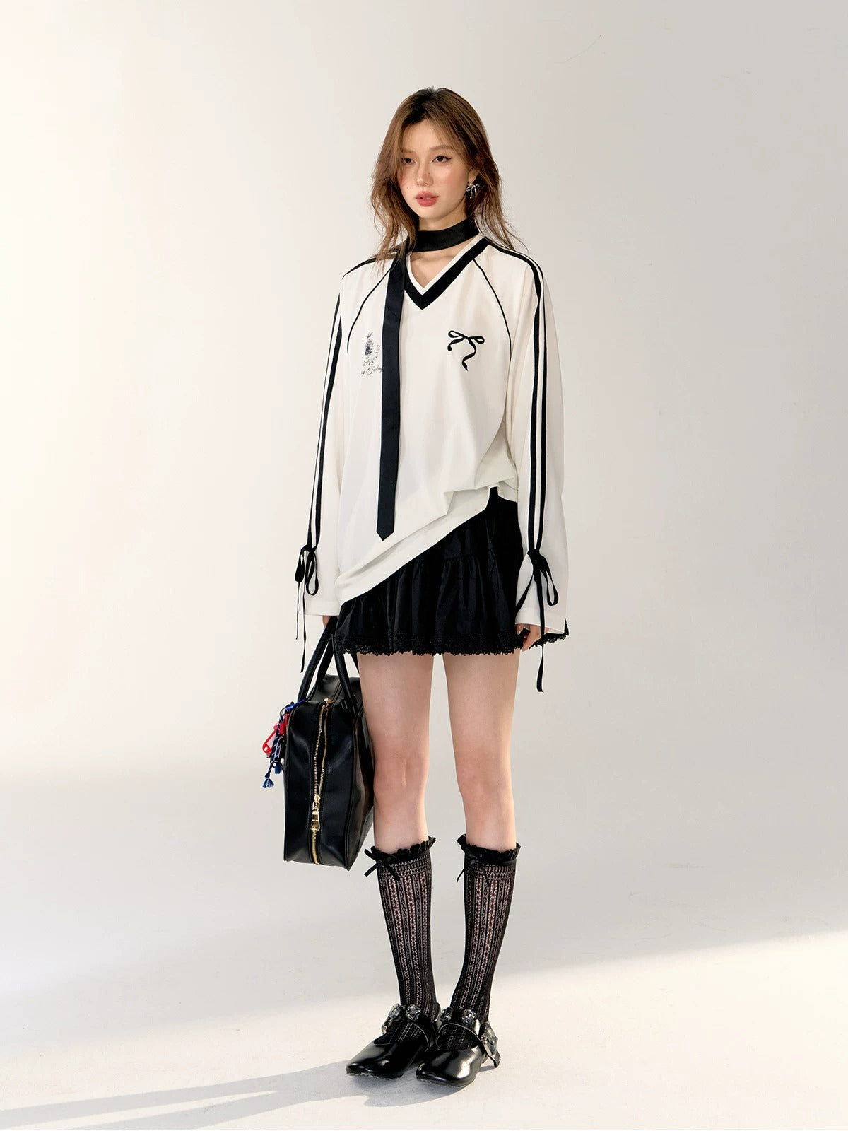 Contrast Bow Long Sleeve Tee