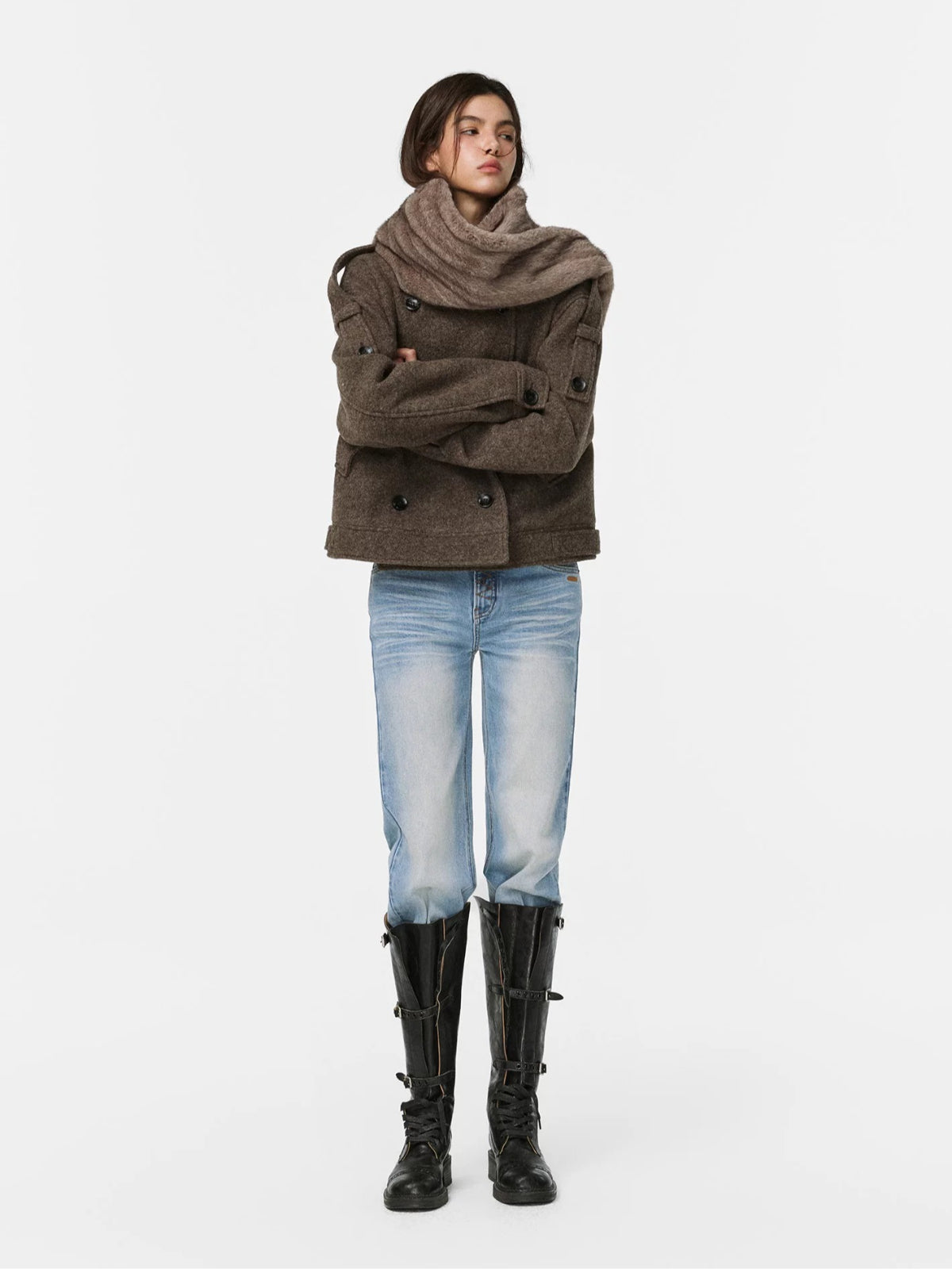 Plush Scarf Double Breasted Wool Coat