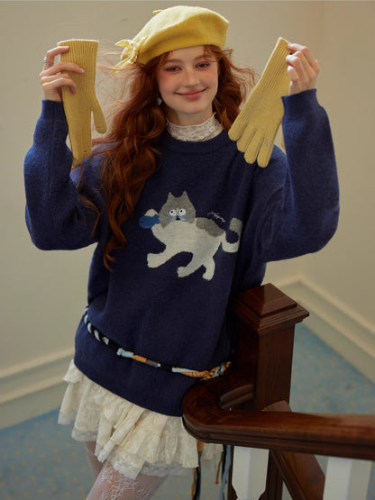 Cat Embroidery Jacquard Knit Sweater