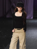 Ribbon Trim Square-Neck Knit Crewneck