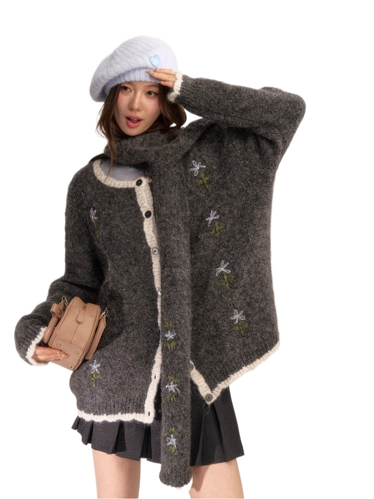 Handcrafted Floral Wool Knit Cardigan & Scarf