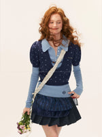 Crochet V-Neck Puff Sleeve Knit