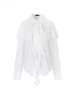 White Ruffled Drawstring Long-Sleeve Shirt