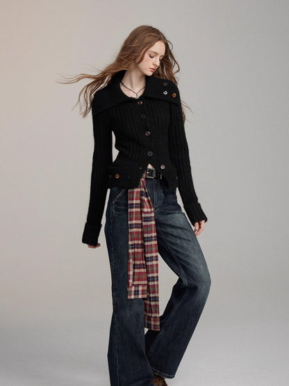 Buttoned Wool-Collar Knit Cardigan