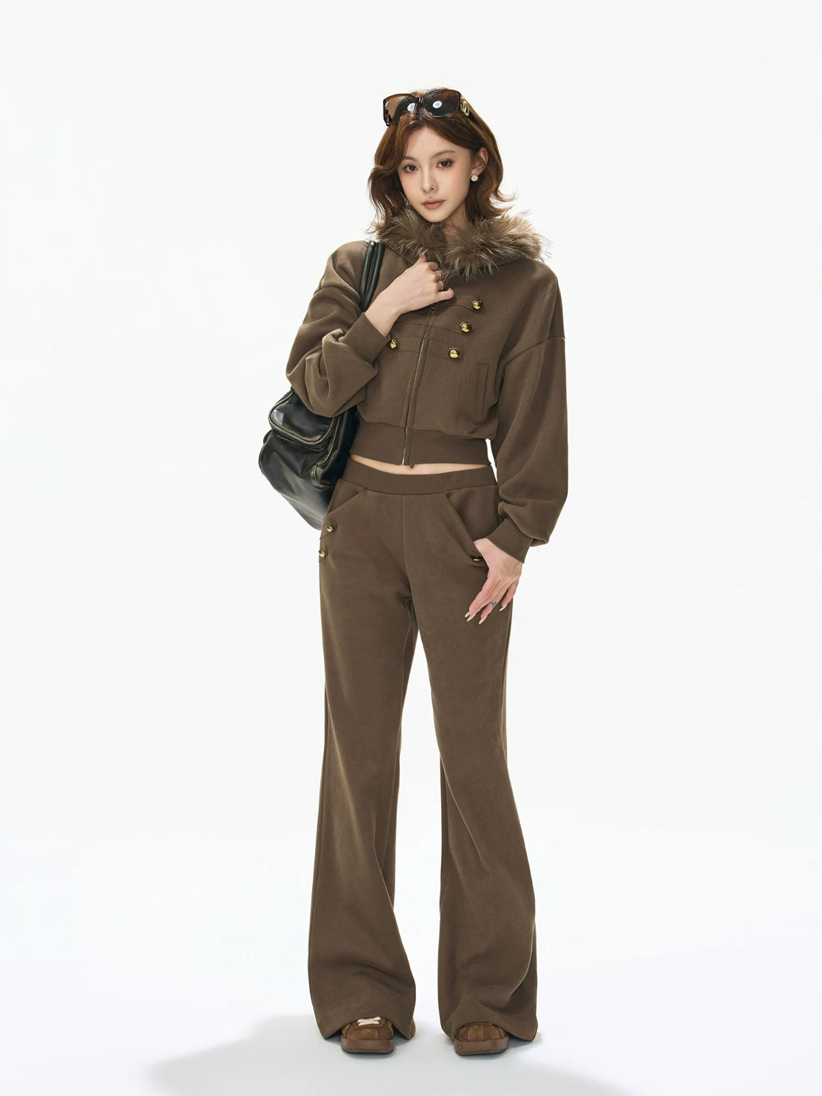 Caramel Hooded Cropped Wide-Leg Set