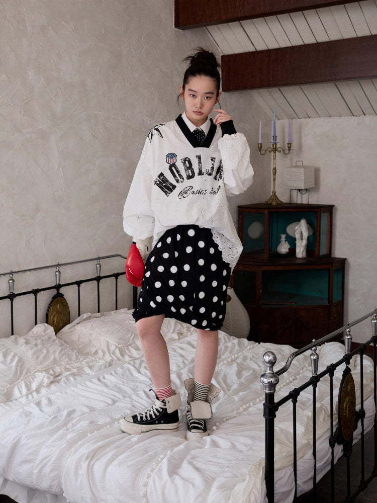 Polka Dot Contrast-Knot Bubble Midi Skirt