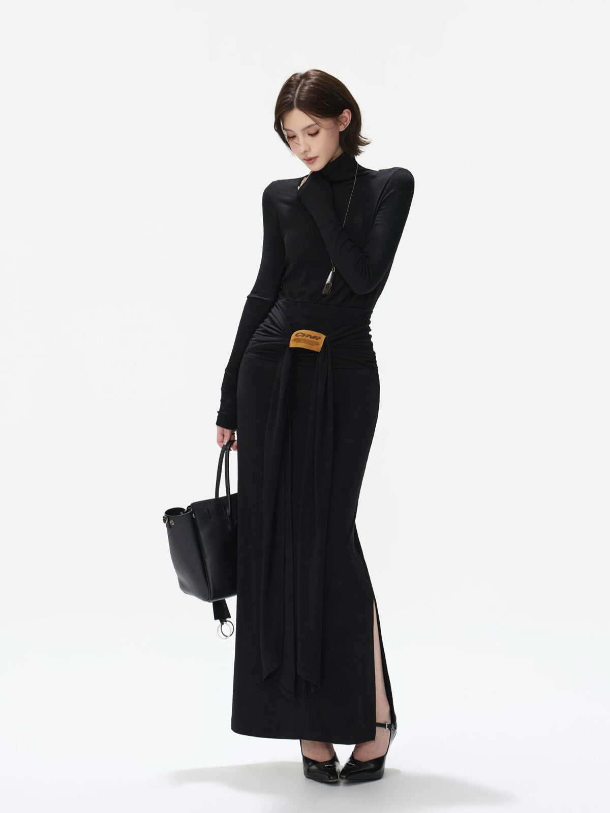 Turtleneck Tie Waist Knitted Maxi Dress