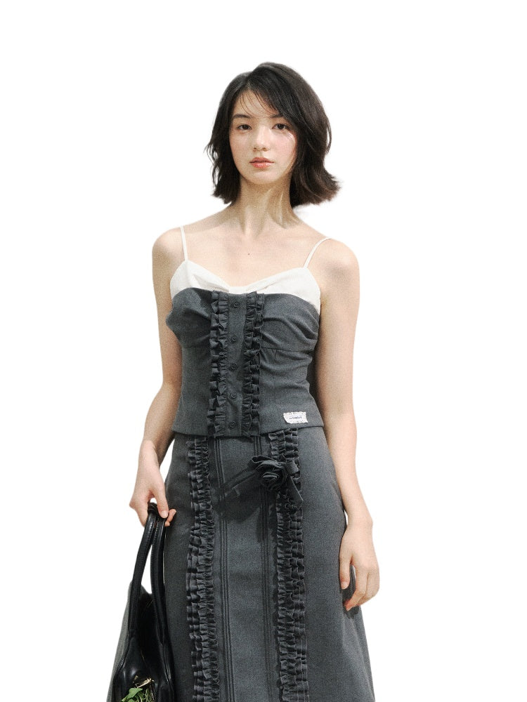 Miu-Style Lace Trimmed Camisole & Skirt Set