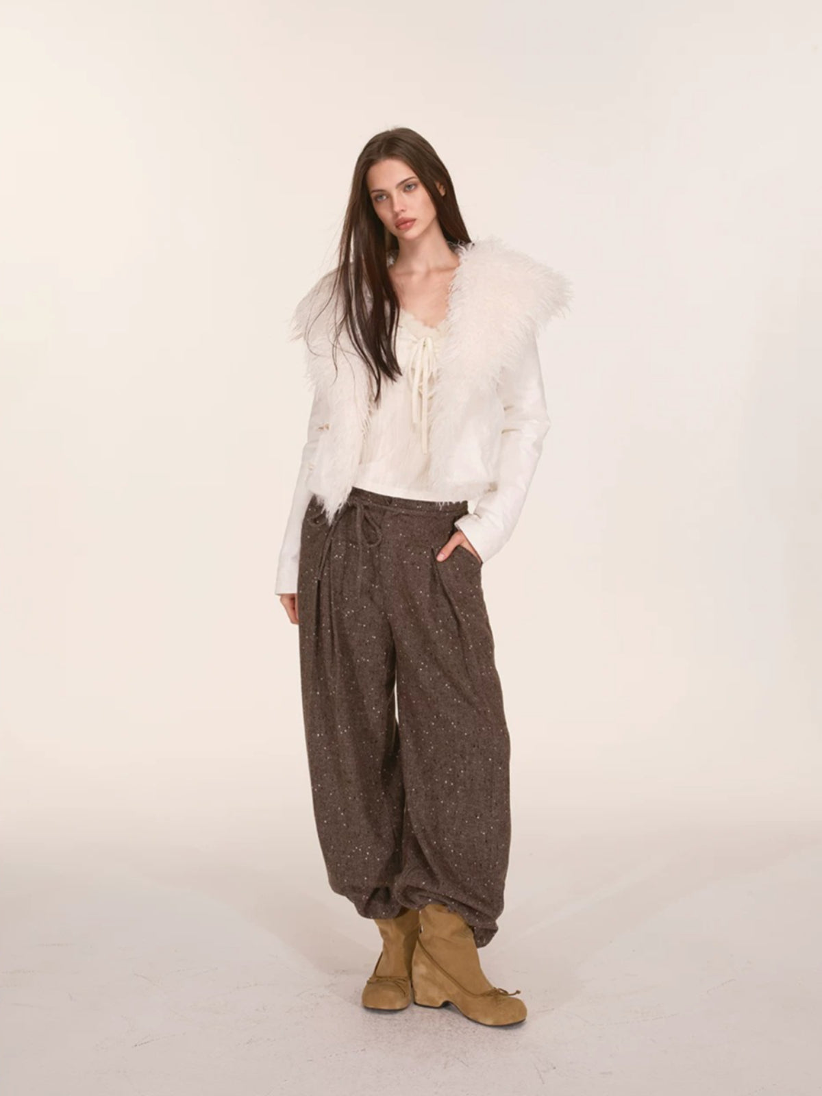 Speckled Wool Blend Wide Leg Pants