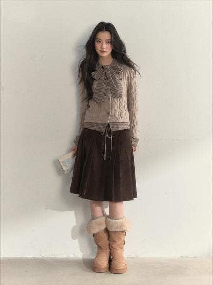 “Chestnut” Double-Waist Pleated Corduroy Skirt