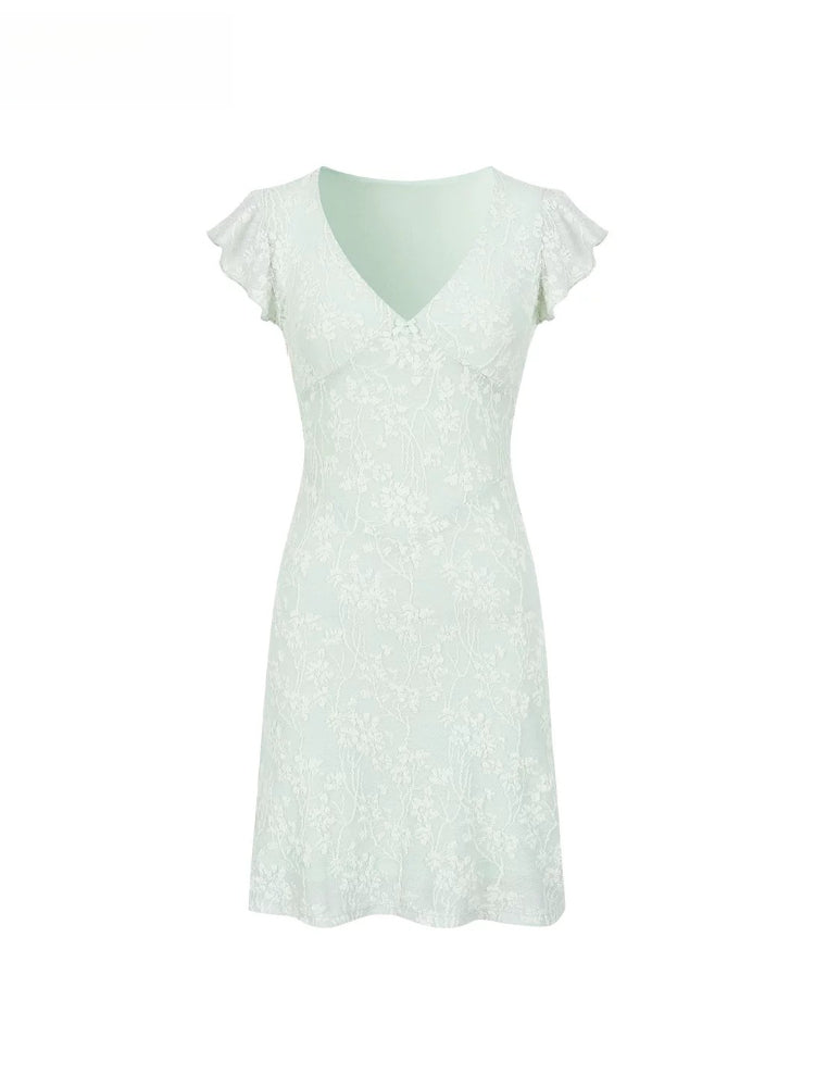 Lace Patchwork Knit V-neck Dress