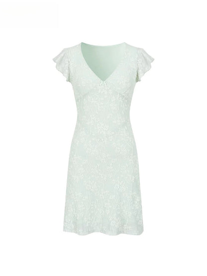 Lace Patchwork Knit V-neck Dress