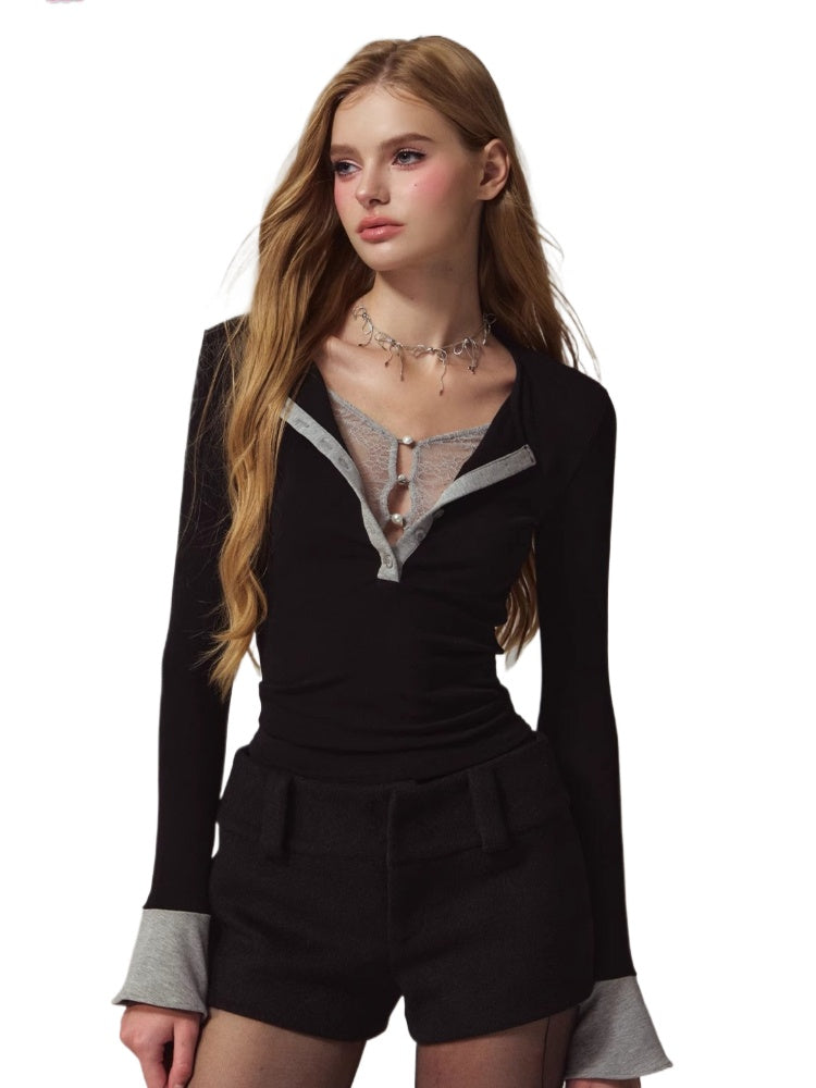 Lace Layered Spliced Henley Neck Slim Long-Sleeve