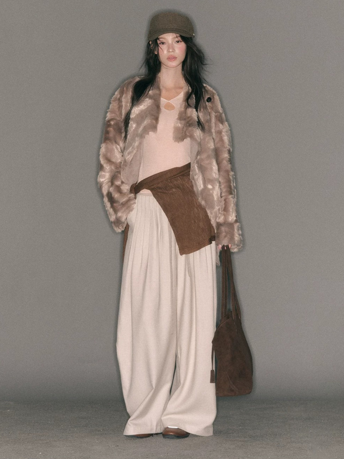 Asymmetric Collar Faux Fur Coat