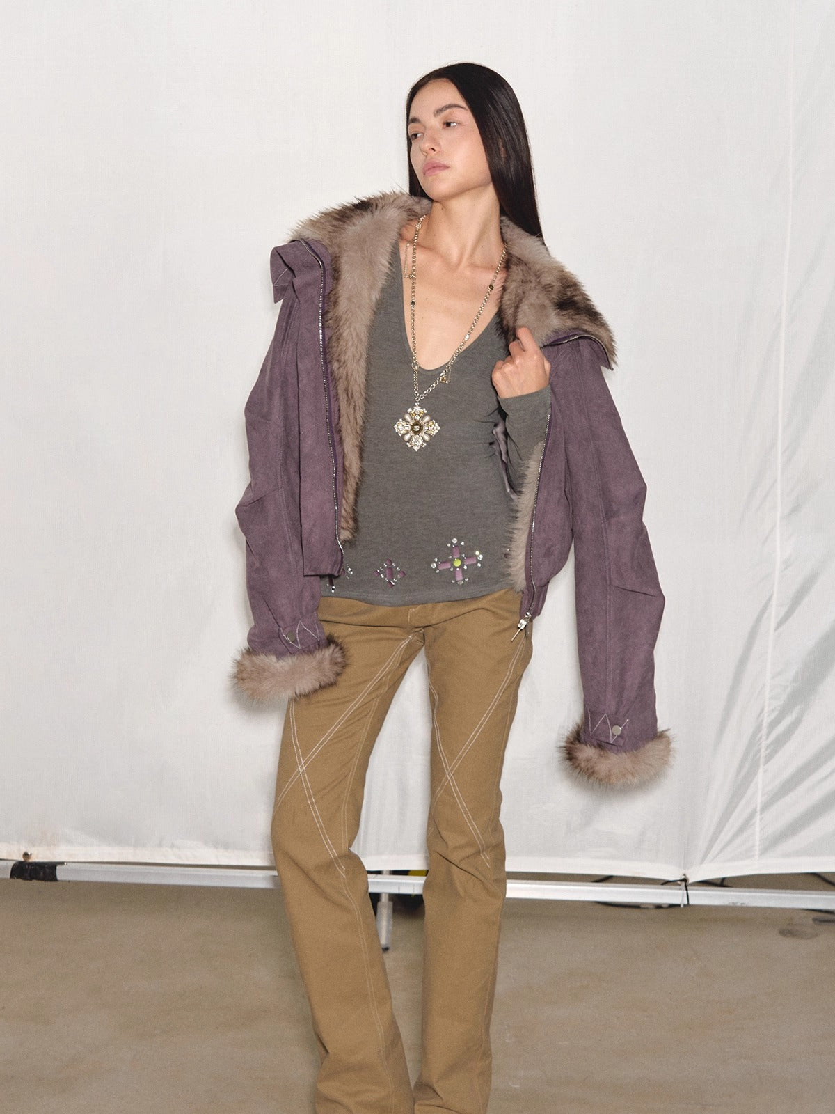 Faux-Suede Fur-Collar Quilted Parka