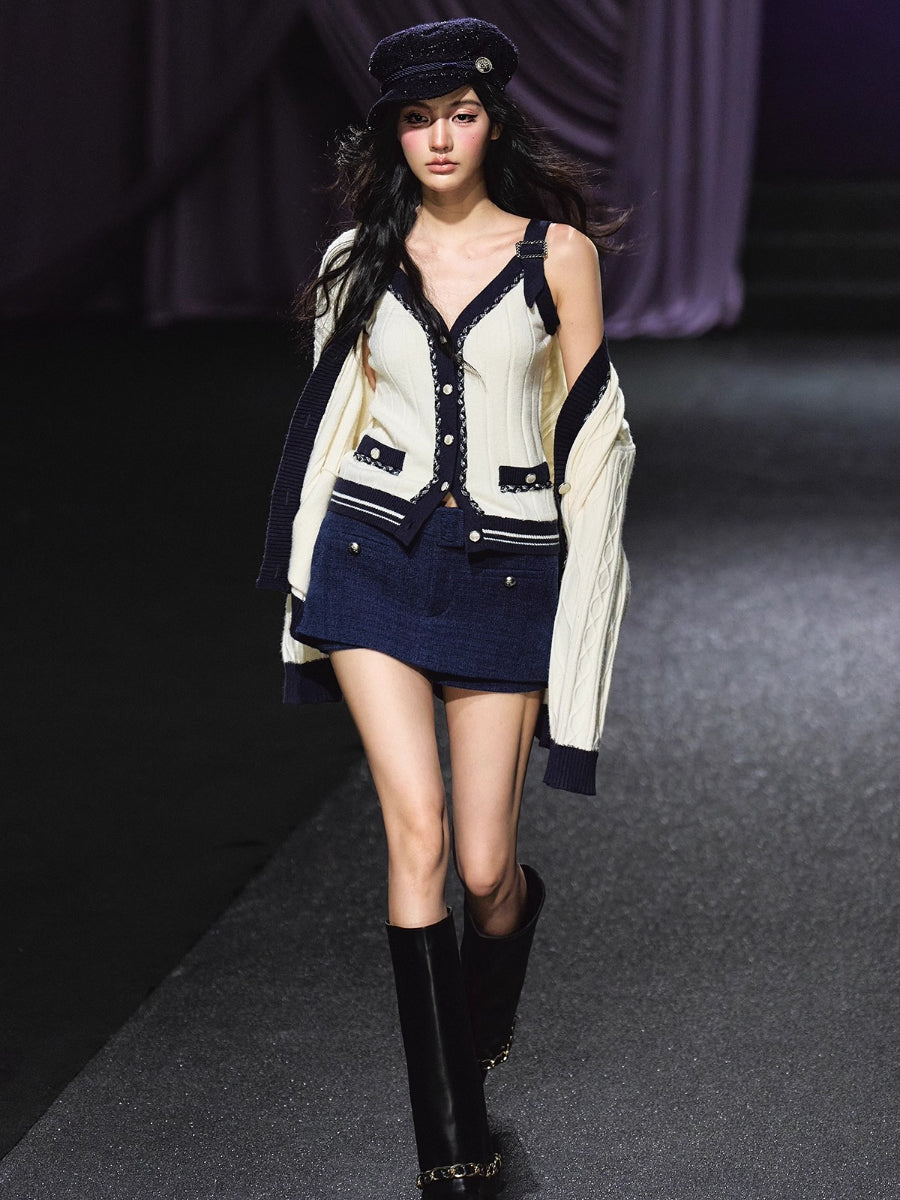 Contrast-Trim Knit Cardigan & Vest Set
