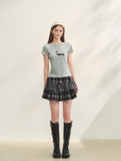 Checkered Panel Ruffle Skirt