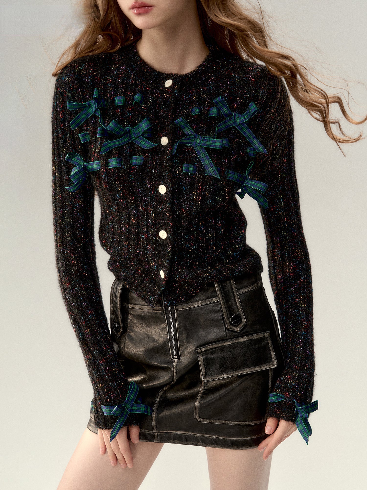 Red &amp; Black Bow Decorated Knit Cardigan