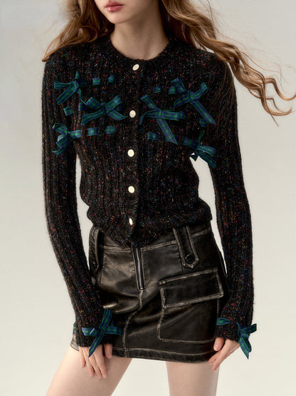 Red &amp; Black Bow Decorated Knit Cardigan