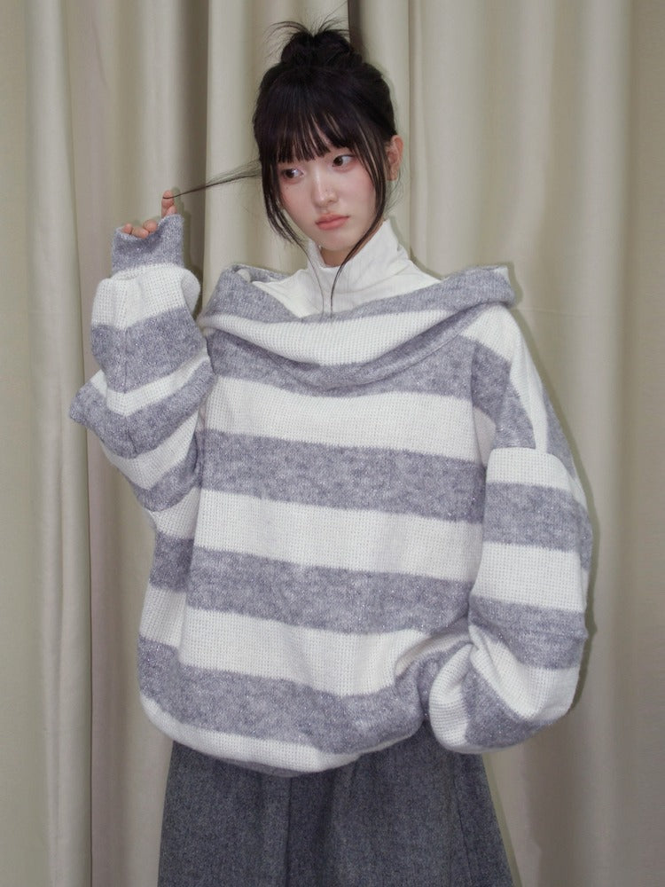 Metallic Striped Reversible Hooded Sweater