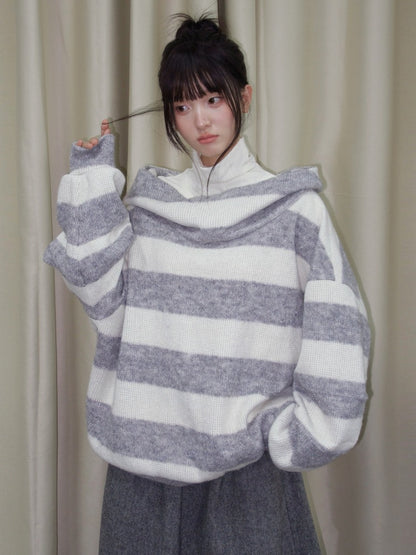 Metallic Striped Reversible Hooded Sweater