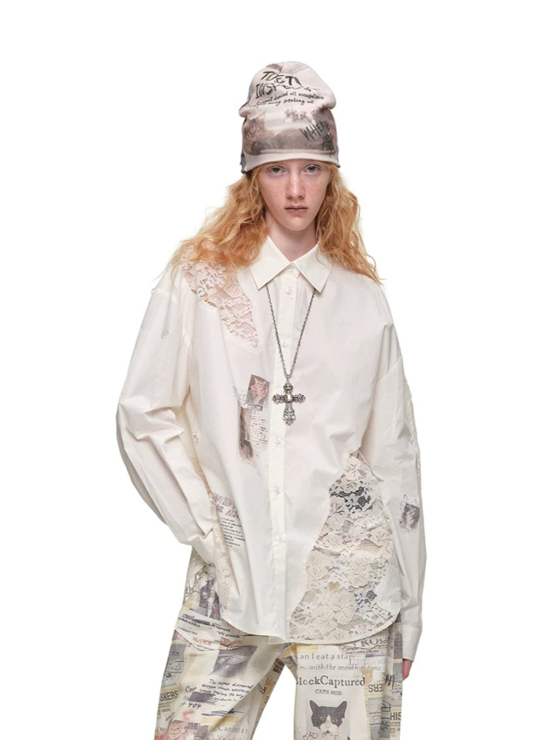 Cat Print Lace Panel Shirt