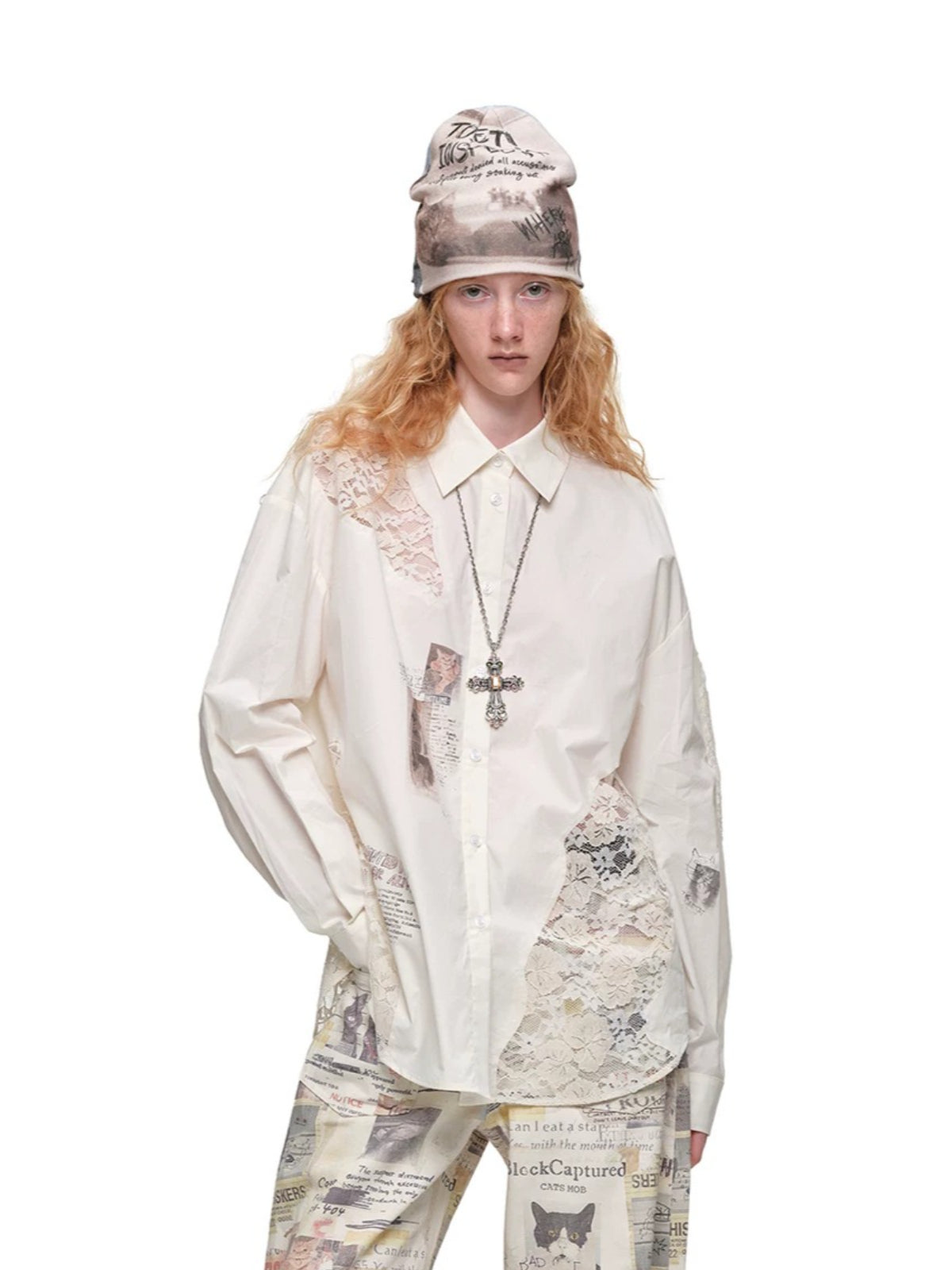 Cat Print Lace Panel Shirt