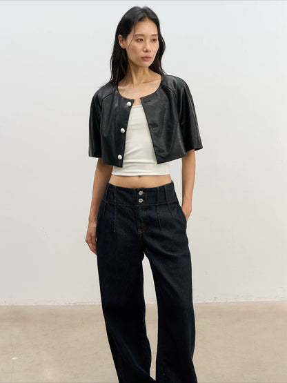 Pearl Button Leather Jacket