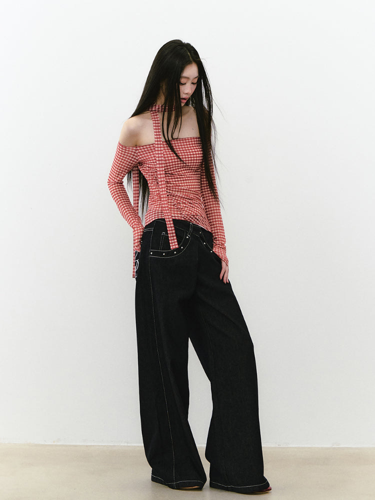 Plaid Mesh Ribbon Sunshade Long Sleeve T-shirt