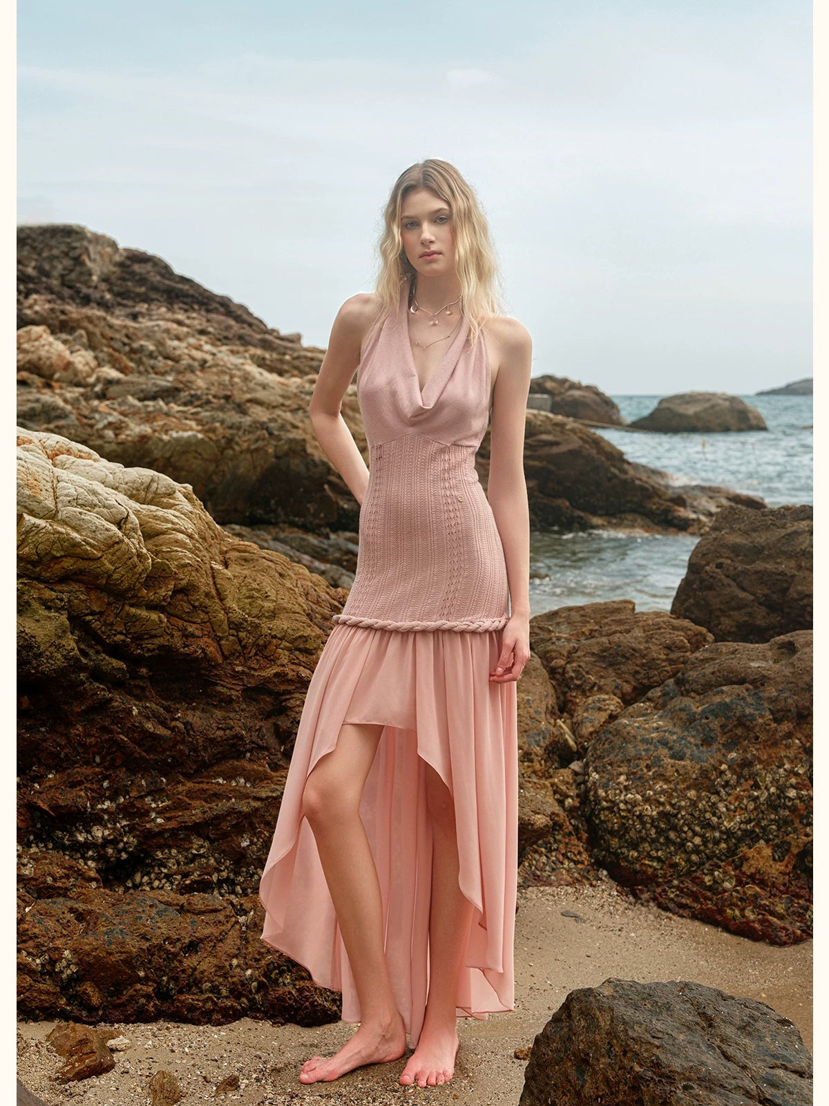 Halter Knit Chiffon Layered Dress