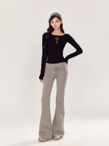 Embroidery Hollow Cross Long Sleeve Top