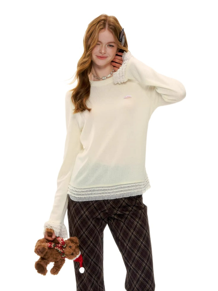 Layered Lace Trim Knit Top