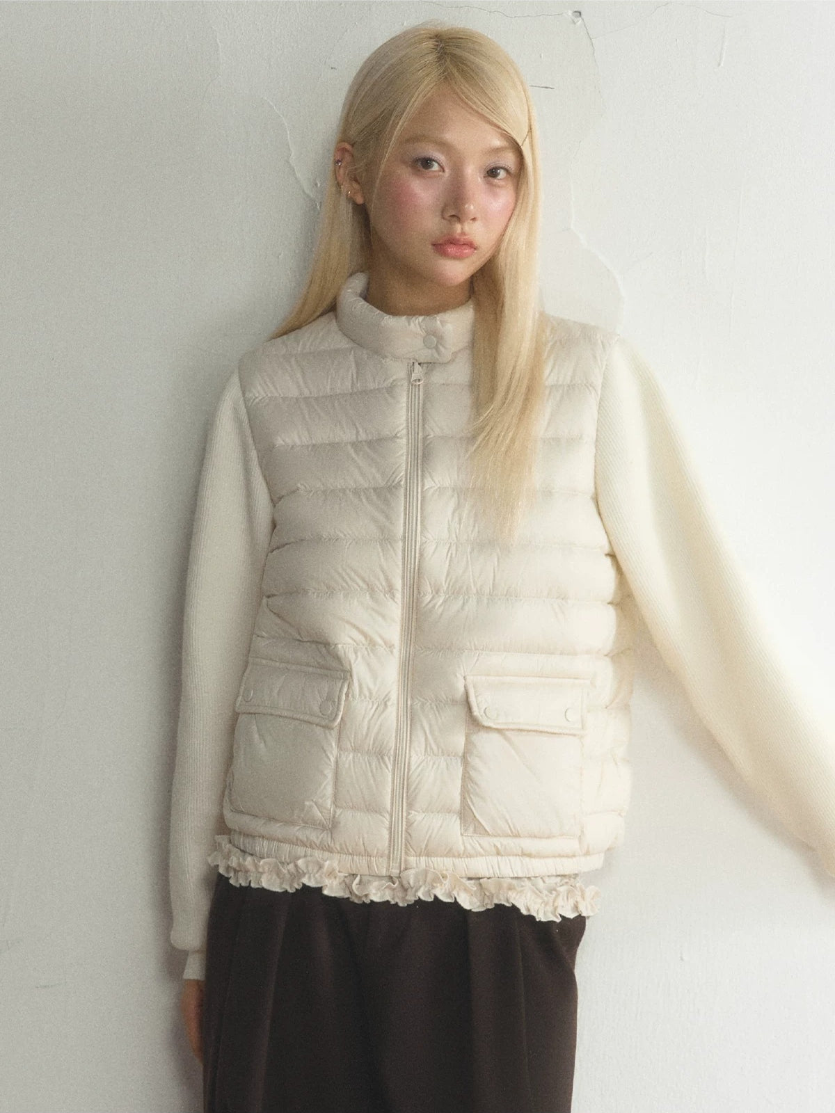 Stand Collar Knit Sleeve Down Jacket