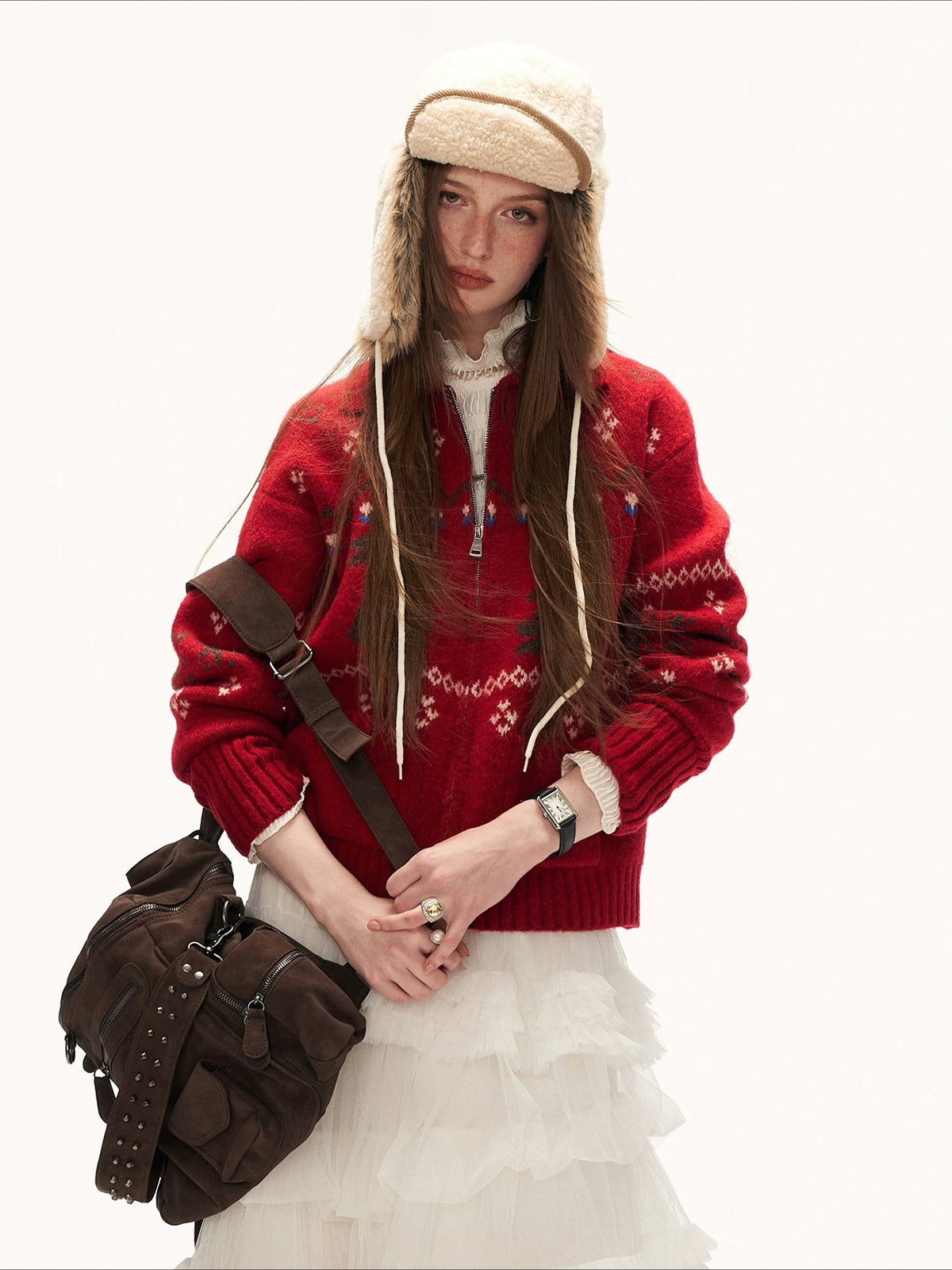 Red Snowflake Bunny Print Knit Cardigan