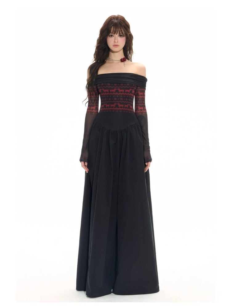 Black-Spliced Slim Off-Shoulder Dress