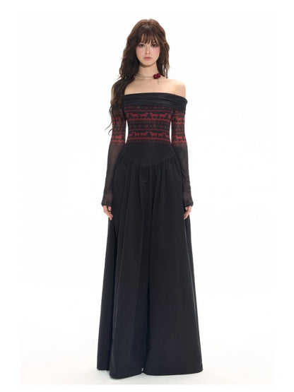 Black-Spliced Slim Off-Shoulder Dress