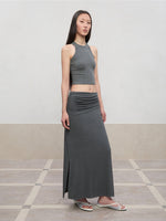 Lyocell Pleated Mid-Low Waist Midi Skirt