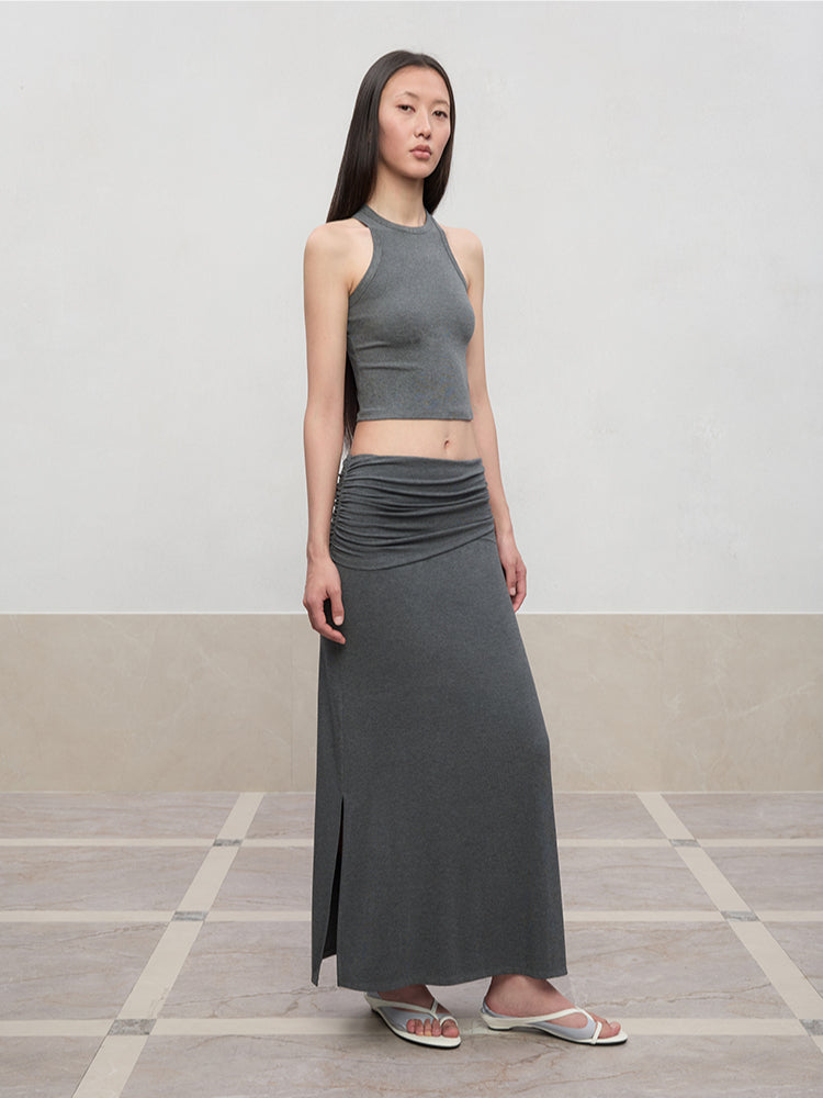 Lyocell Pleated Mid-Low Waist Midi Skirt