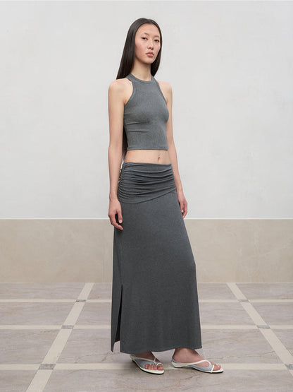 Lyocell Pleated Mid-Low Waist Midi Skirt