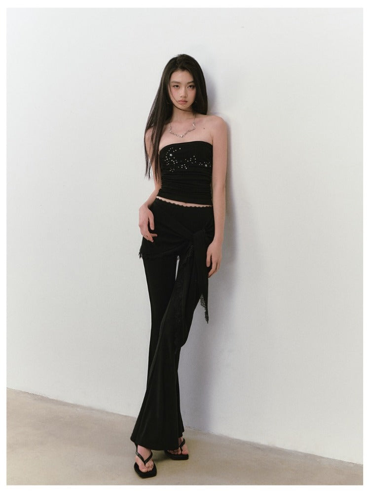 Lace-Trimmed Tie-Waist Lyocell Trousers