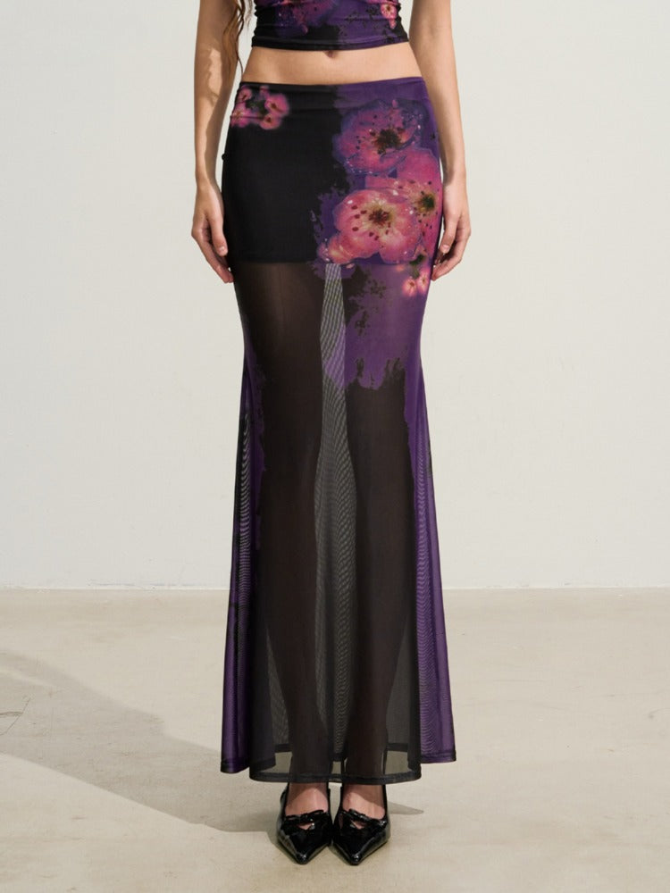 Purple Floral Cheongsam Mesh Set