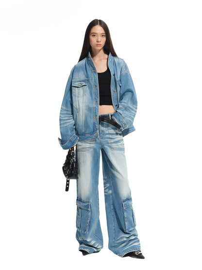Washed Twill Denim Whisker Wide-leg Jeans