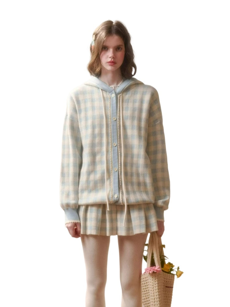 Contrast Gingham Knit Cardigan &amp; Skirt Set