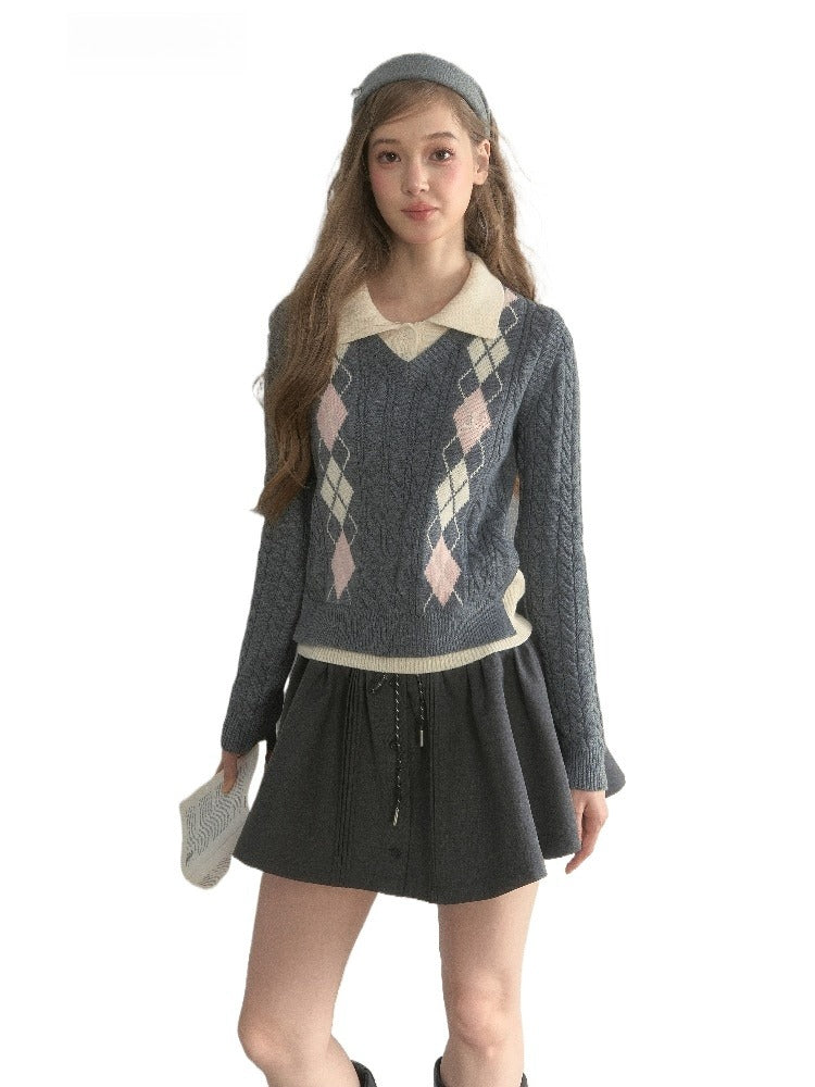 Argyle Cable Faux Two-Piece Sweater