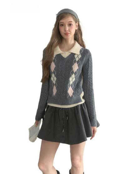 Argyle Cable Faux Two-Piece Sweater
