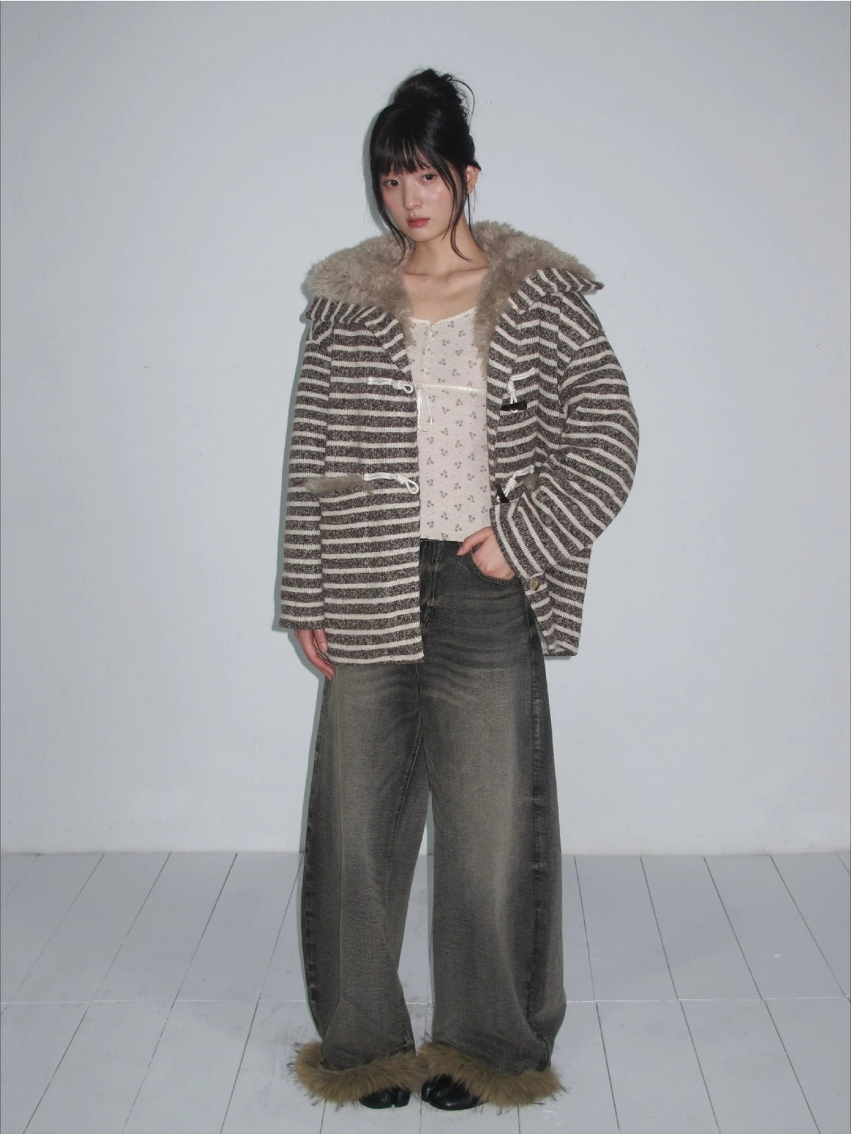 Striped Horn-Button Collar Coat