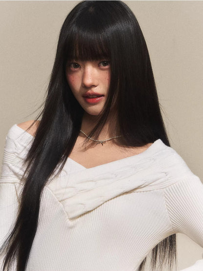 Off-Shoulder V-Neck Knit Top