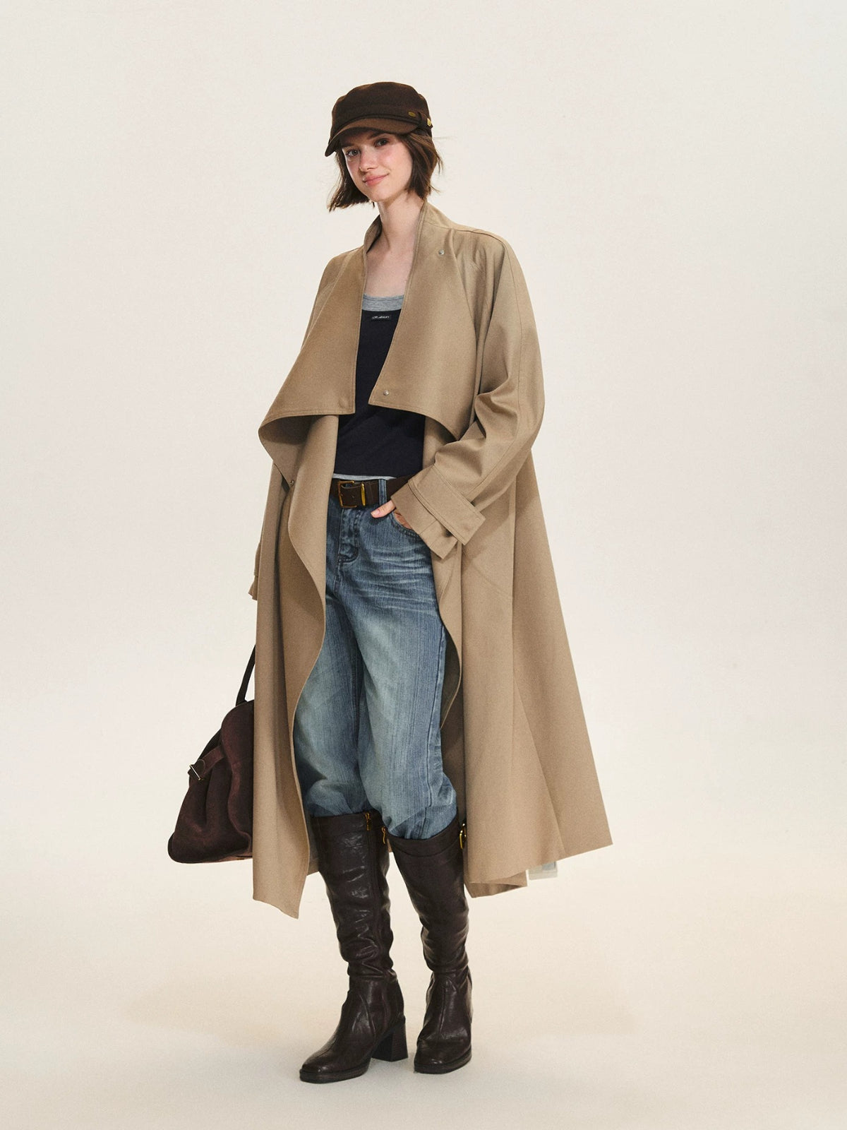 Khaki Waterfall Collar Trench Coat